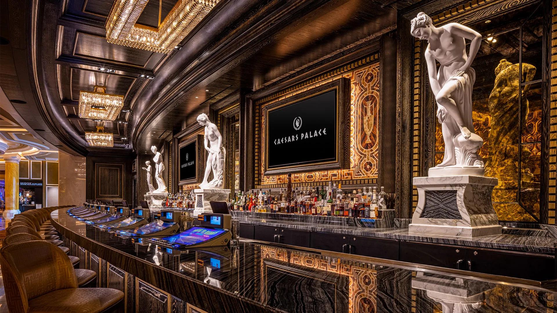 A modern bar with statues