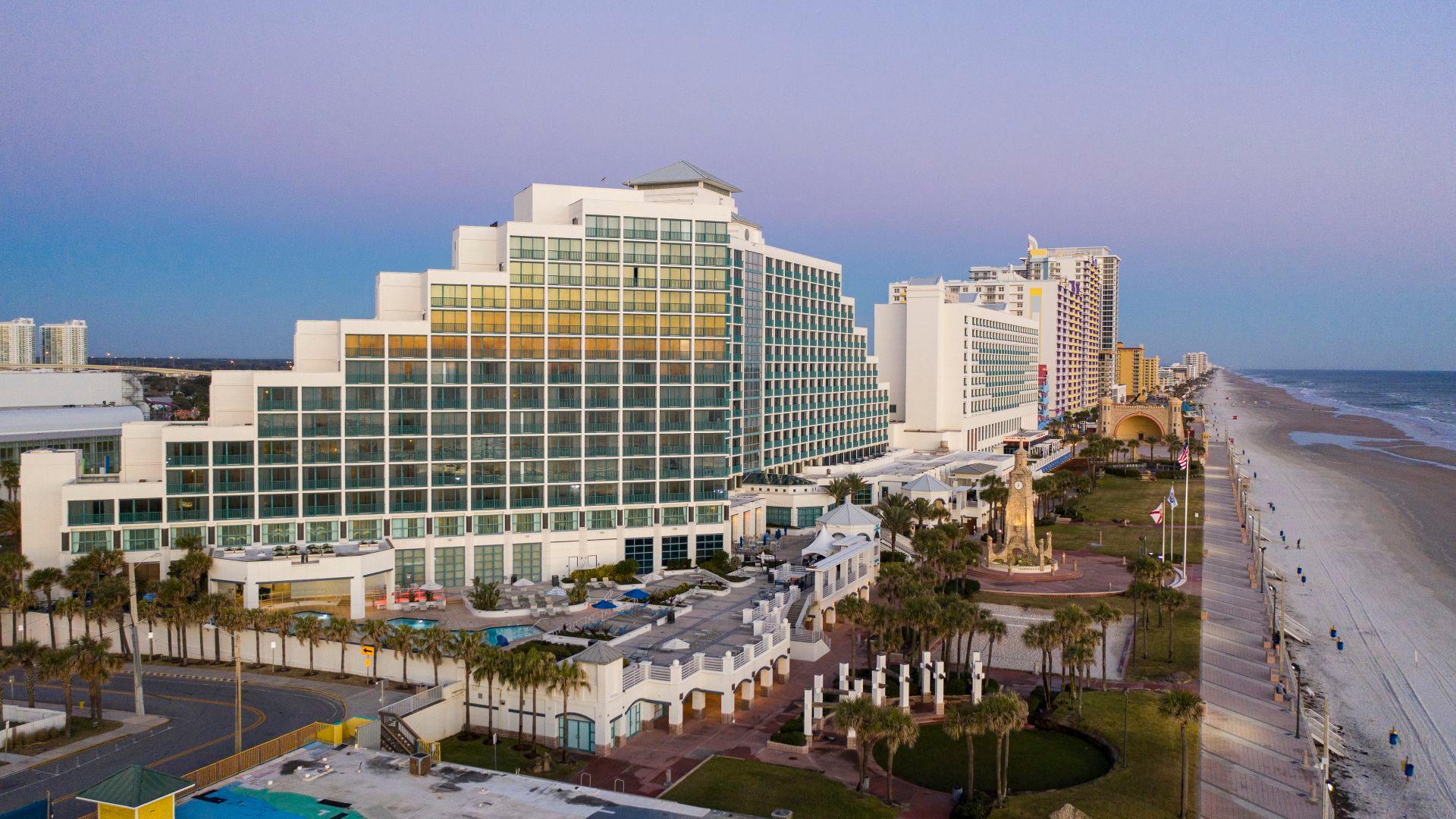 Hilton Daytona Beach Oceanfront running down the coast alongside other establishments
