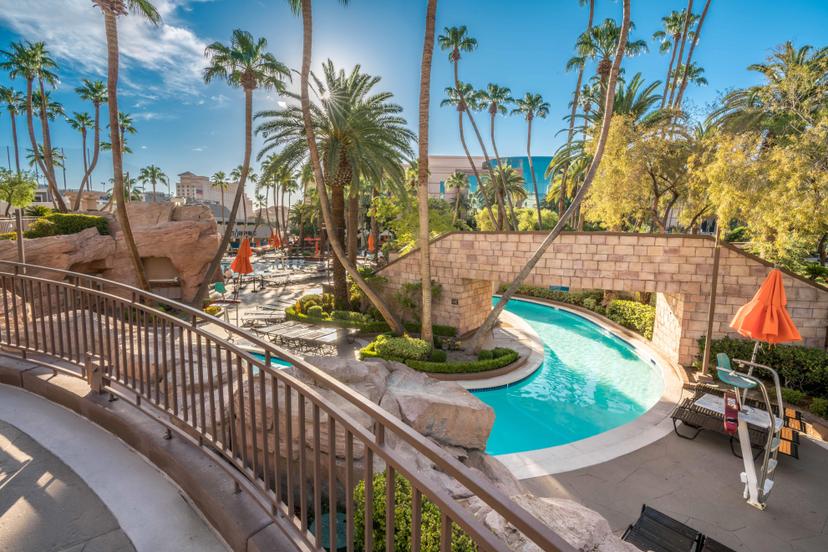 Outdoor swimming pool at the resort featuring a lazy river, palm trees and sun beds
