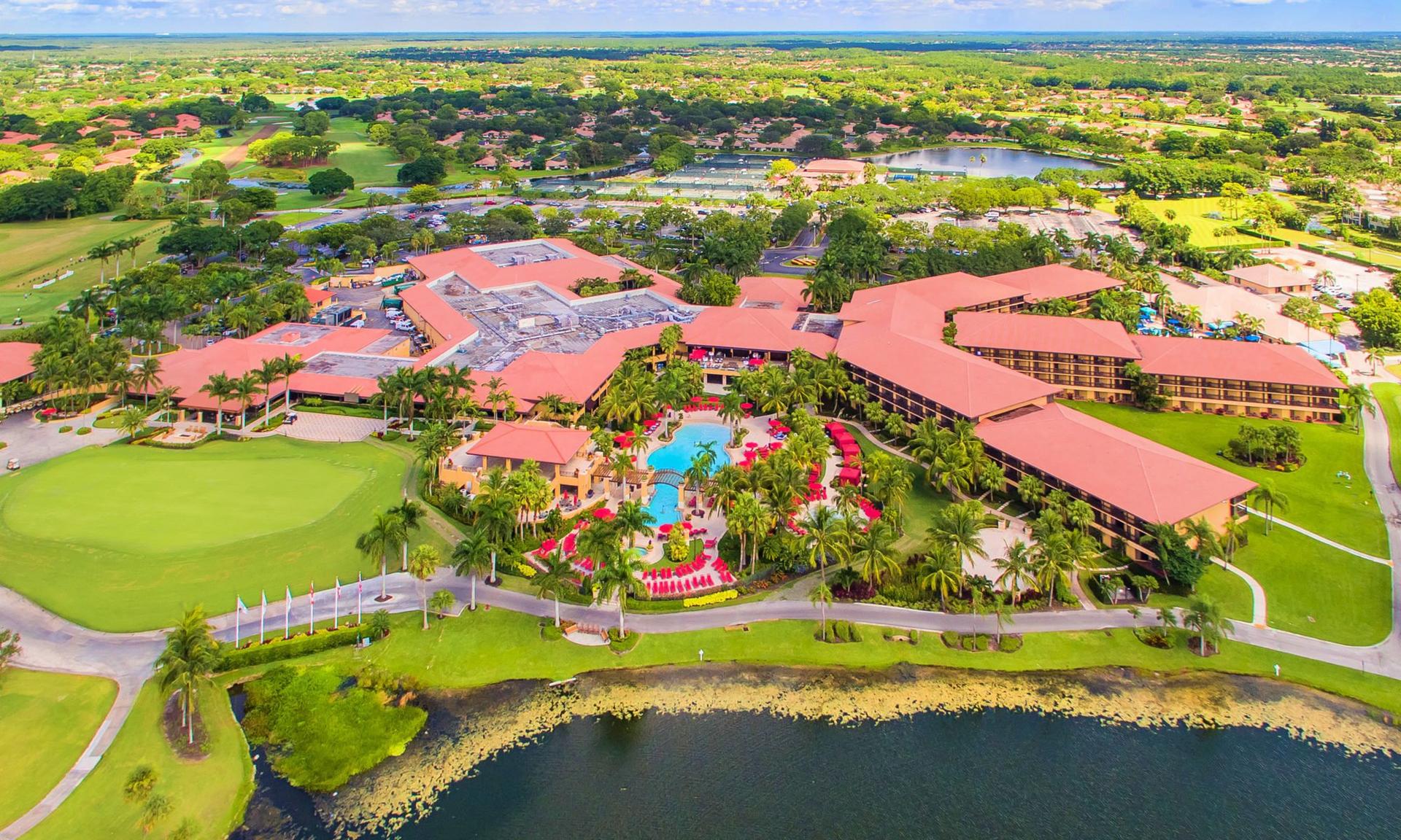 Birdseye view of the massive PGA National resort showing its swimming pool and part of the course