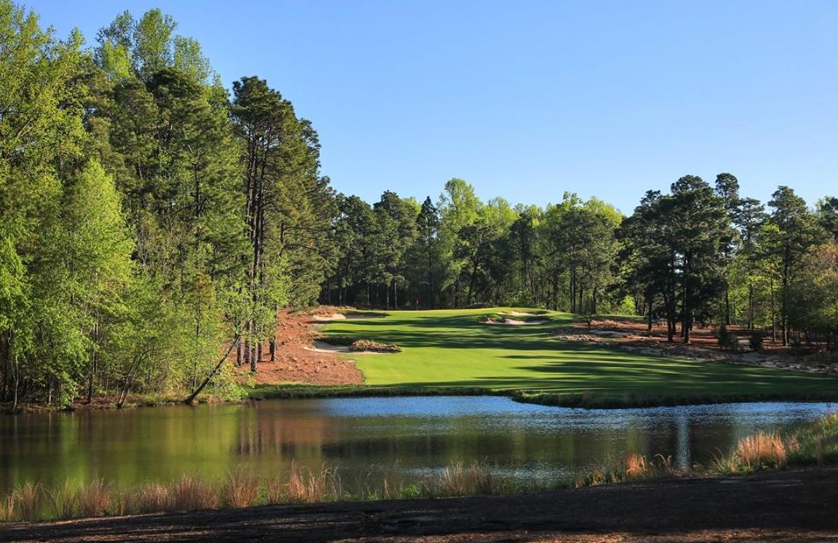 Elevated green with pristine fairways and reflective lake views in a woodland setting.