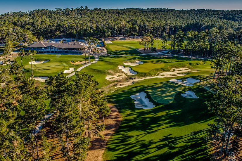 Aerial view of the Poppy Hills course showing its smooth greens and grand clubhouse