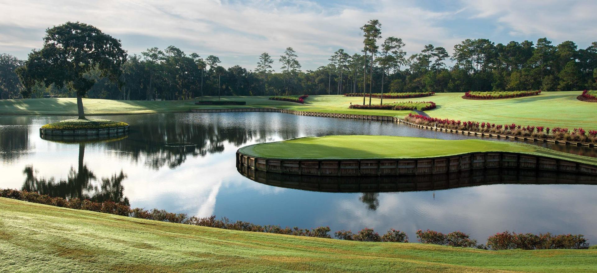 Winding fairways surrounded by vibrant roughs with red flowers growing under blue skies