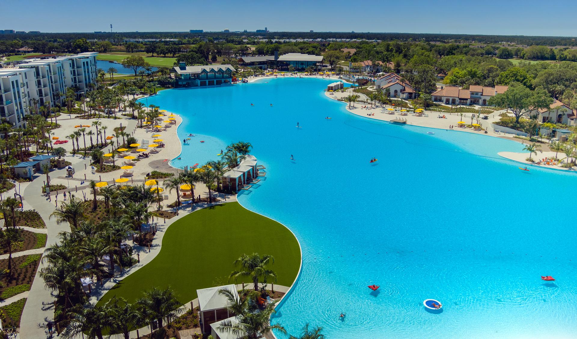 Birdseye view of the clear blue swimming pool at the hotel which spans cross 8-acres