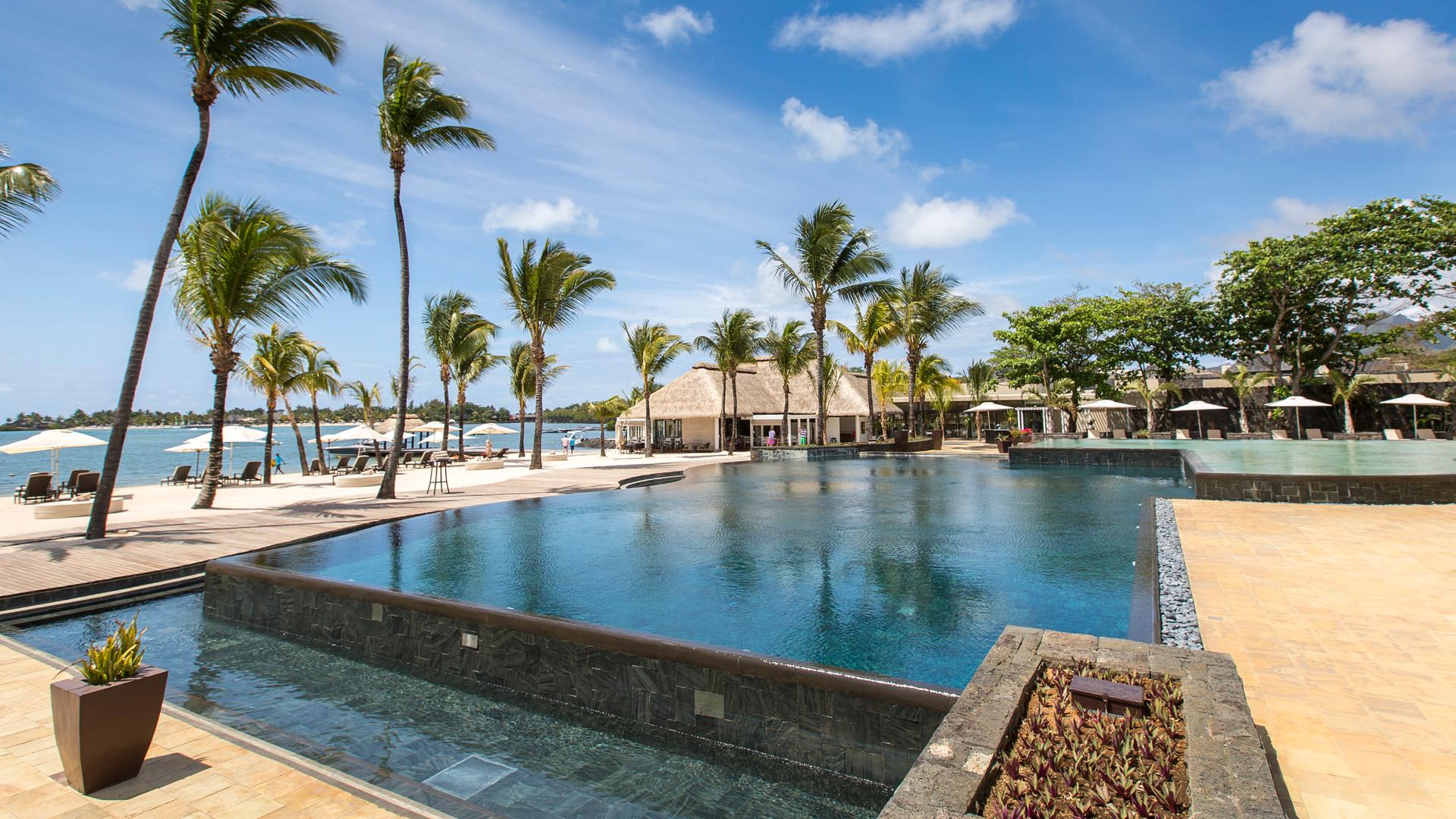 An outdoor swimming pool nestled with palm trees
