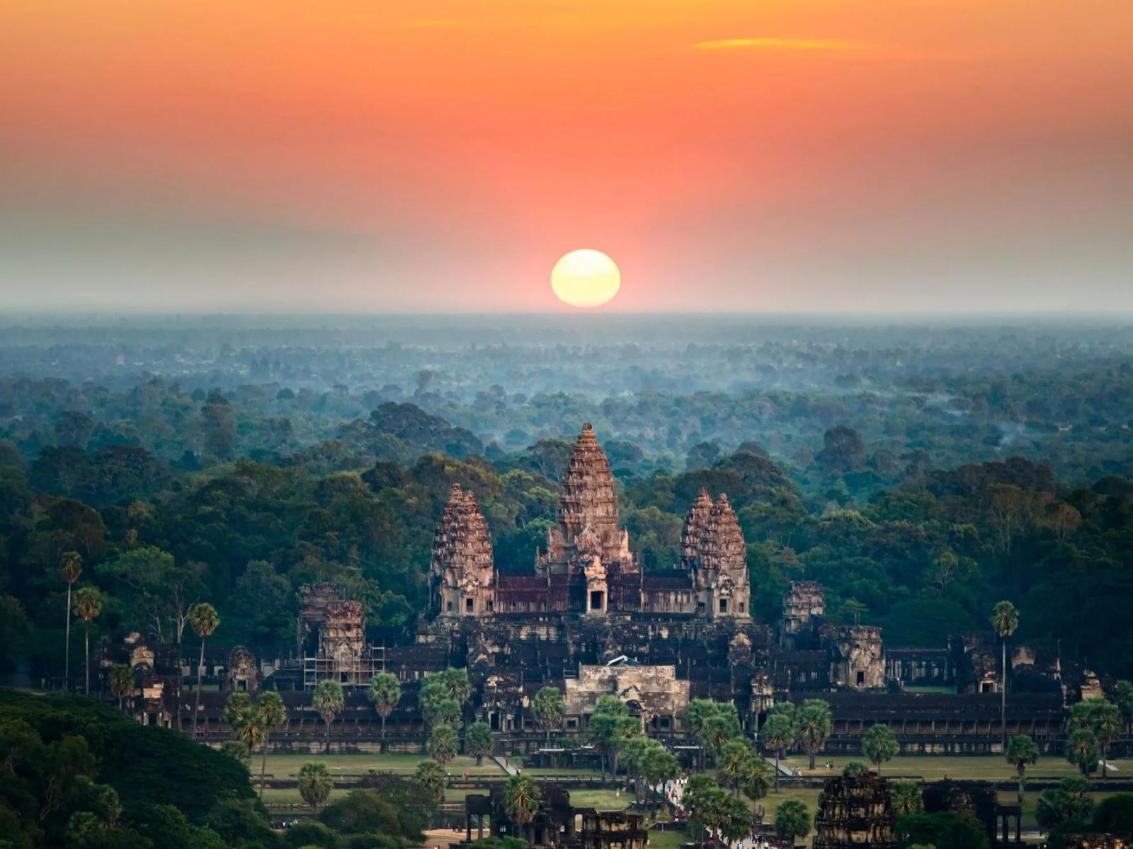 Overhead view of Angkor Wat at sunset