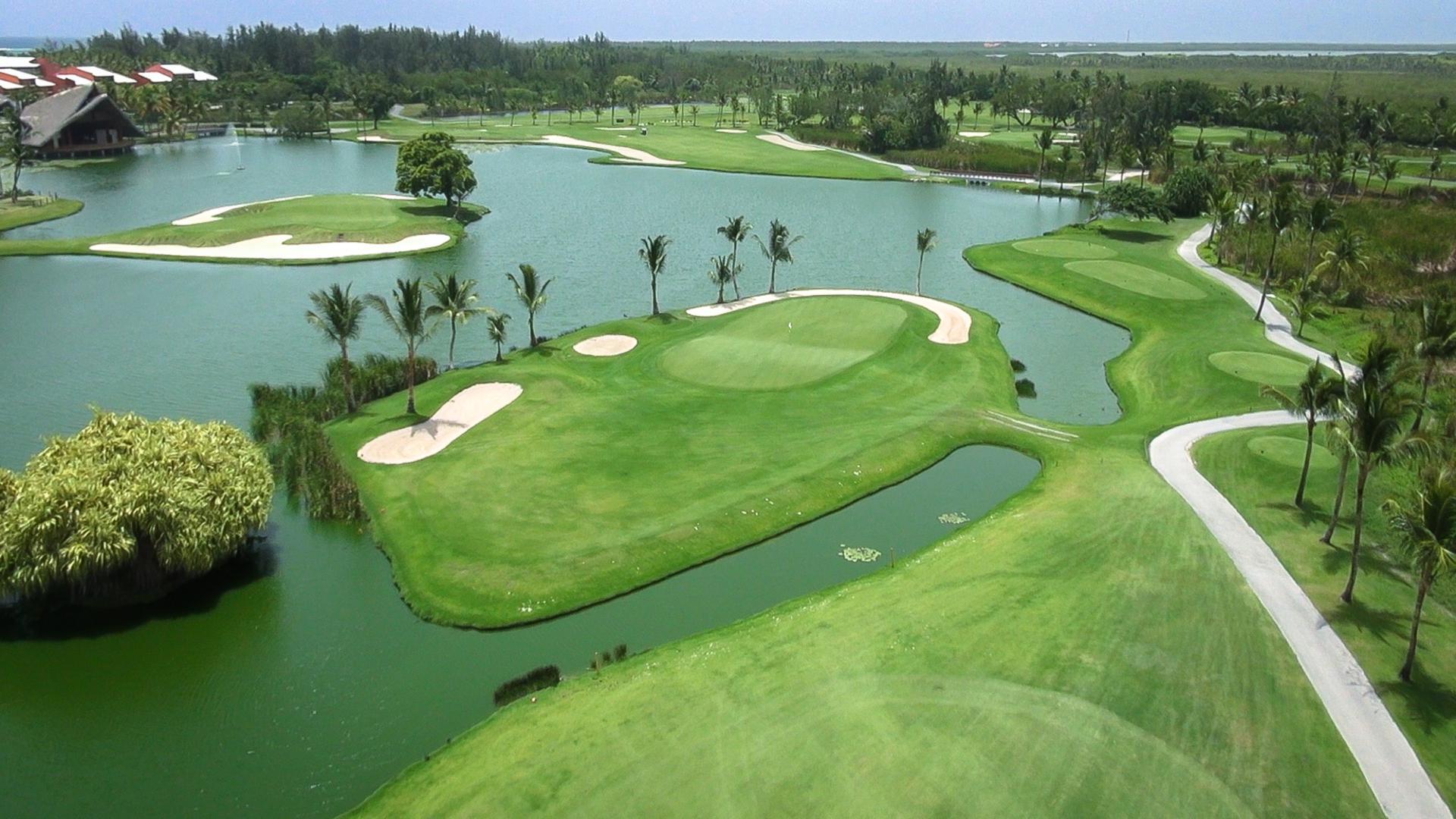 Aerial view of an island green nestled with sand bunkers and palm trees