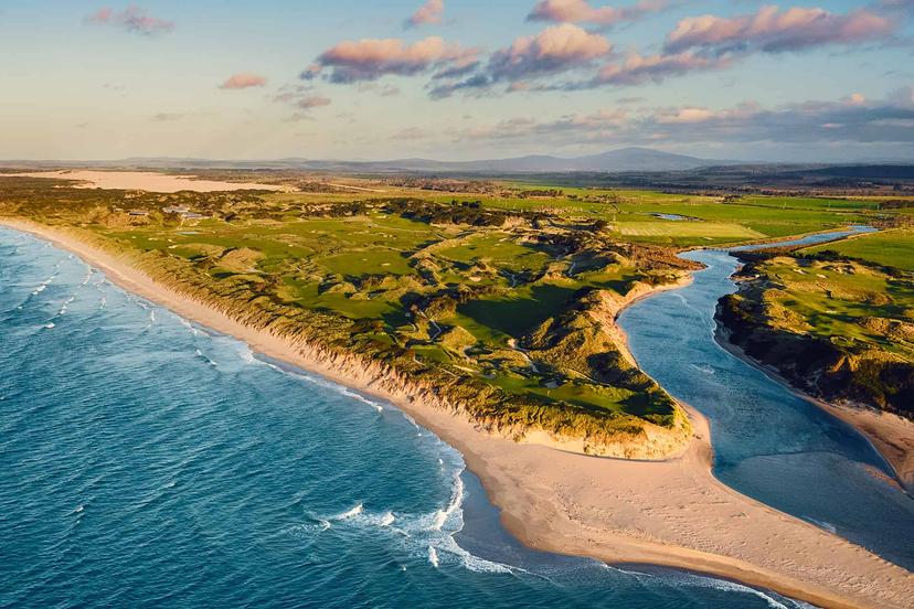 Birdseye view of the Barnbougle Resort golf course with coastal views