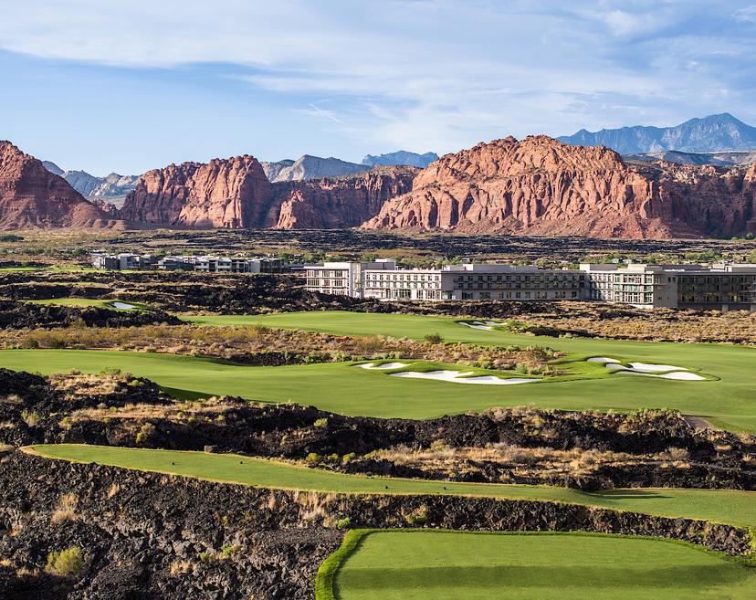 The Black Desert Resort looking over the golf course with a mountain towering over behind