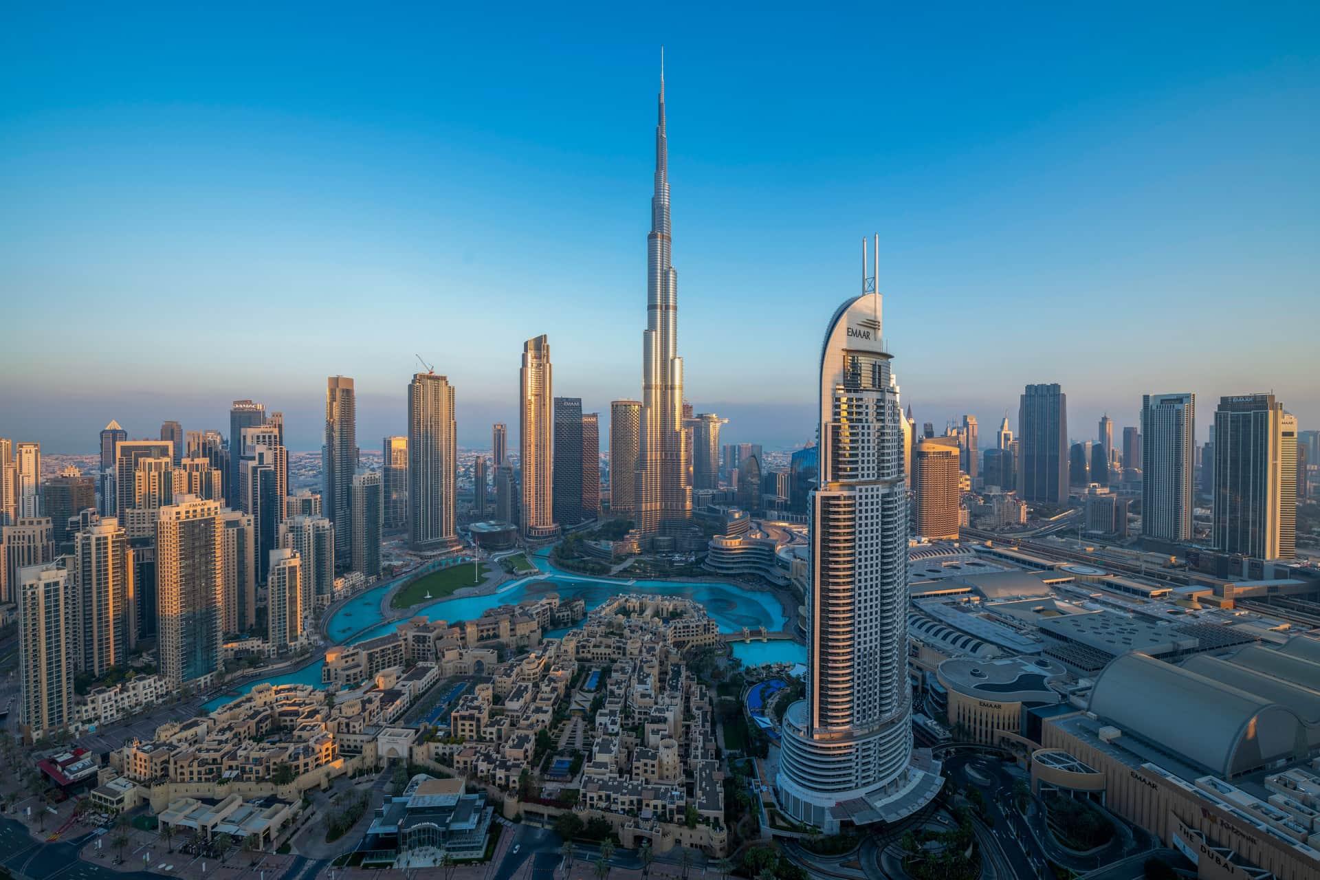 Downtown Dubai skyline with Burj Khalifa at dusk