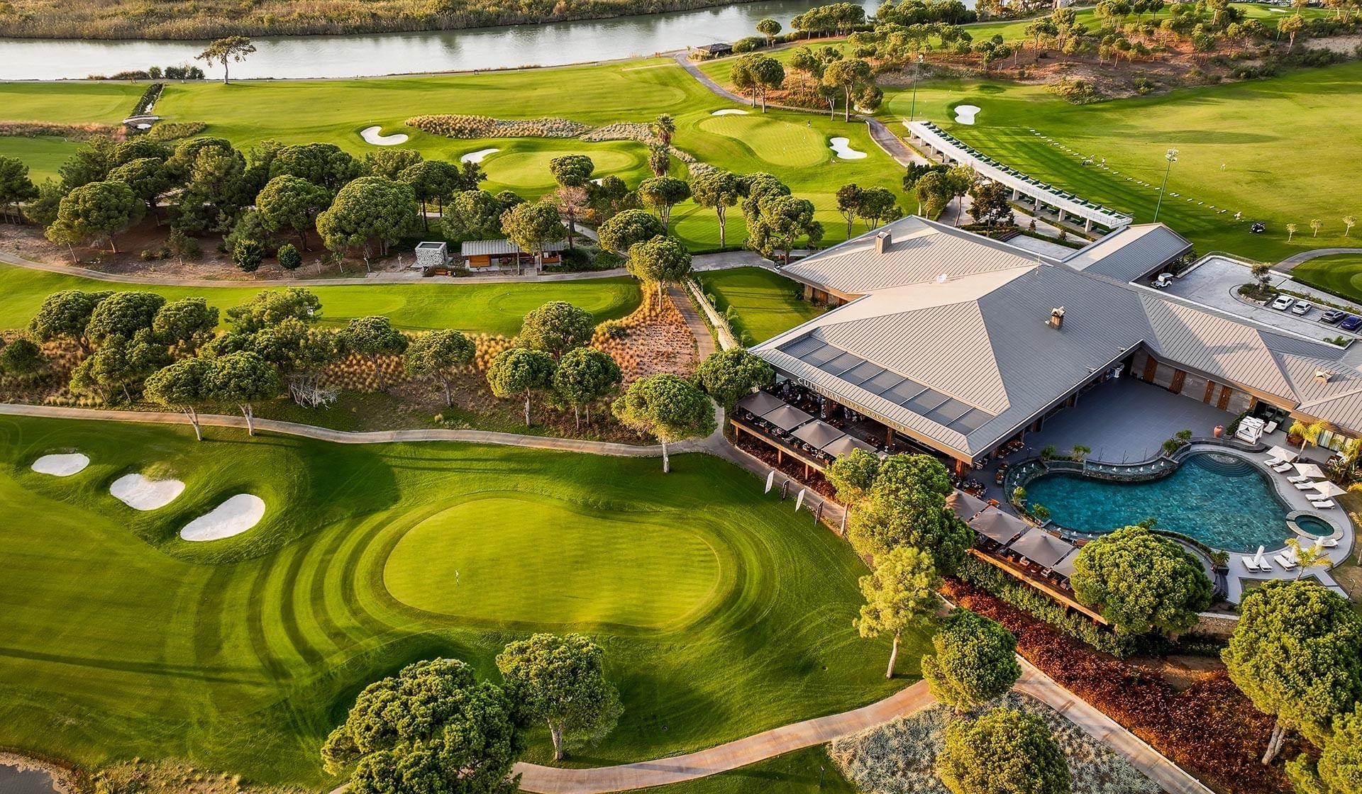 Aerial view of the course, clubhouse and driving range