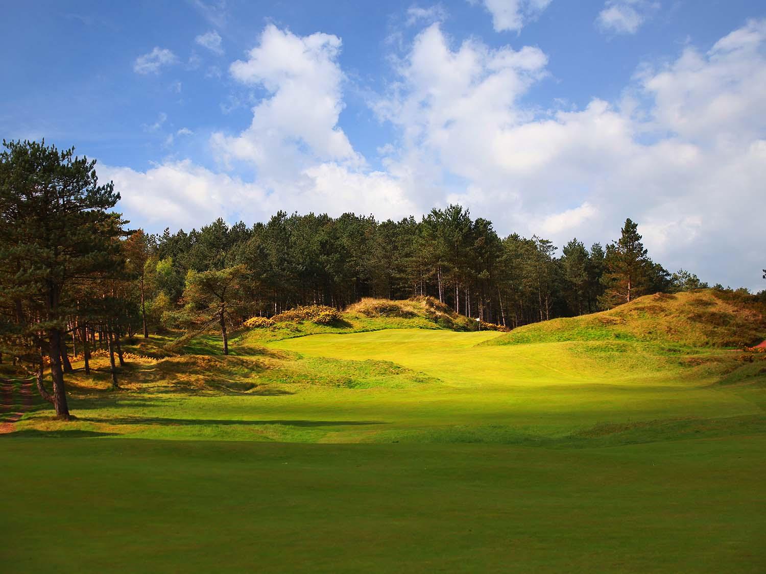 A vibrant green course set amidst rolling dunes and wooded hills.