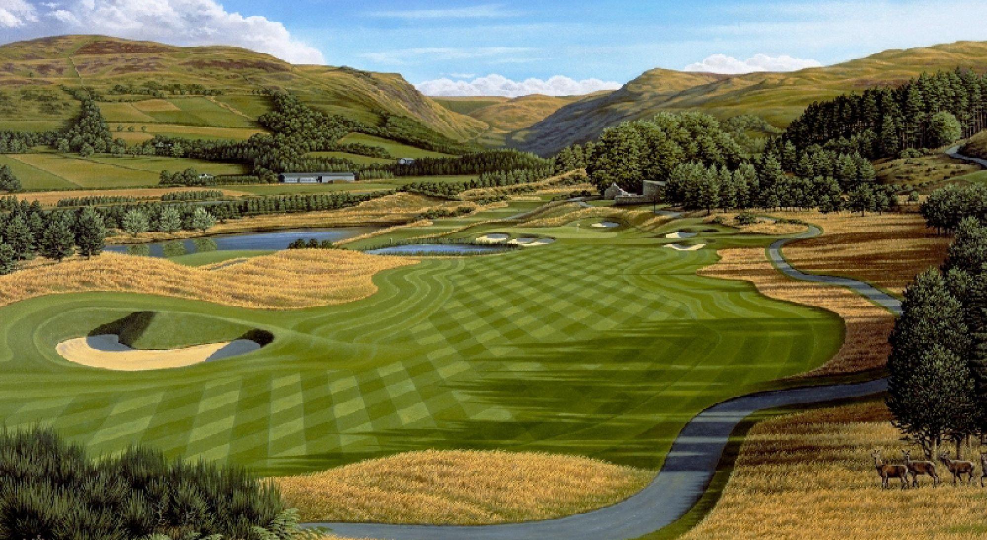 Birdseye view of the Gleneagles course with wide fairways and mountain views