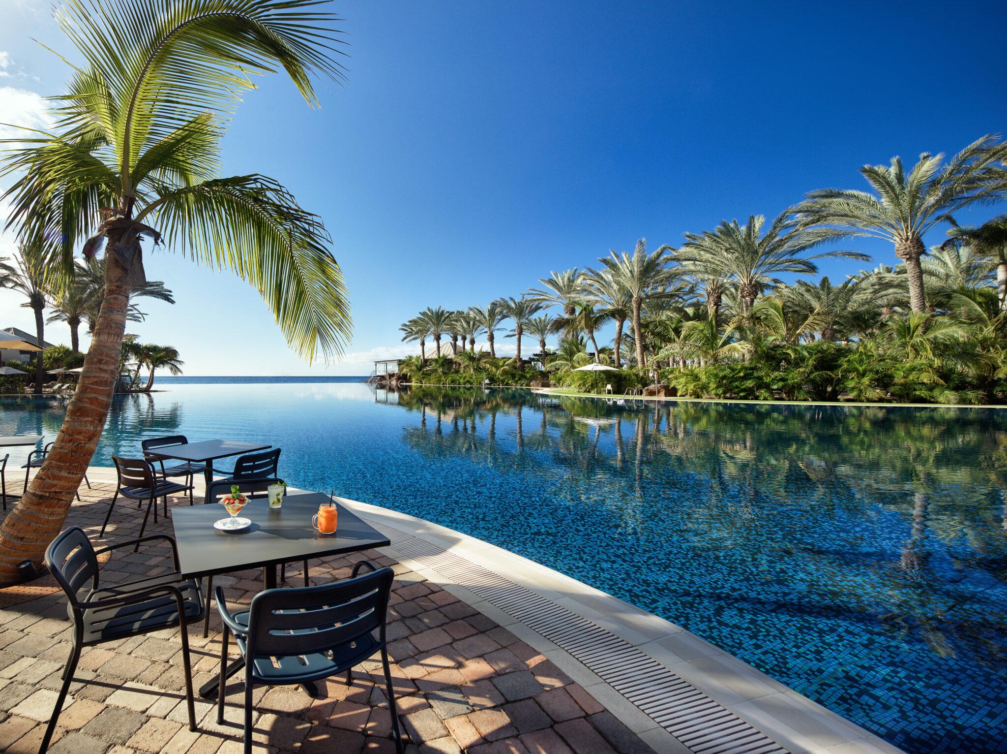 Outdoor swimming pool with palm trees around it