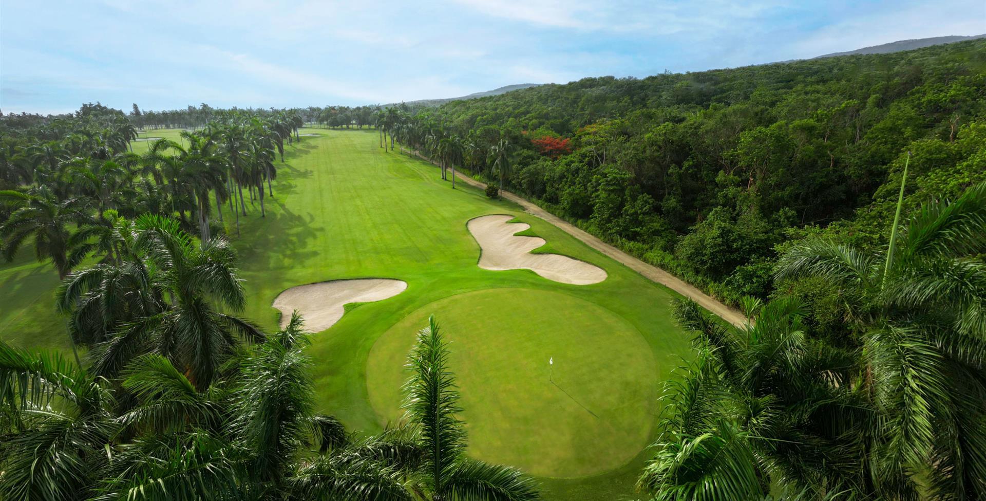 Elevated view of a lush golf course surrounded by dense jungle and palm groves.