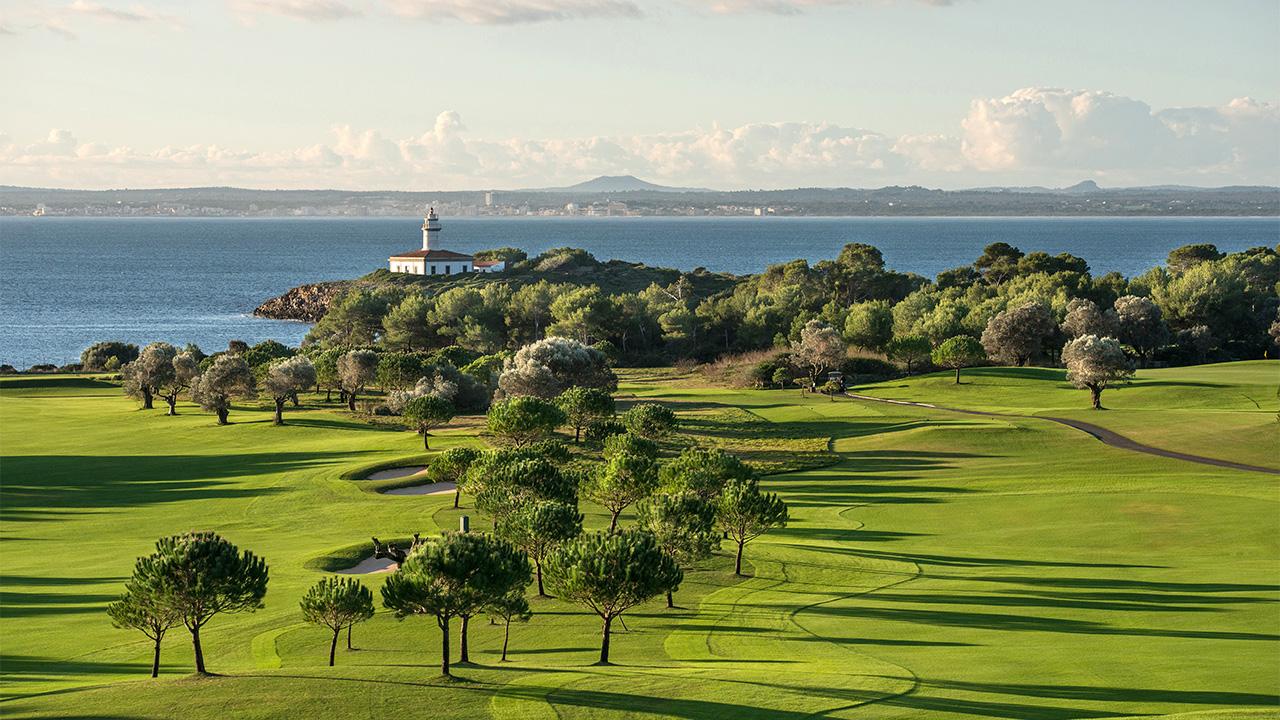 Winding, manicured fairways with the ocean and island in the background