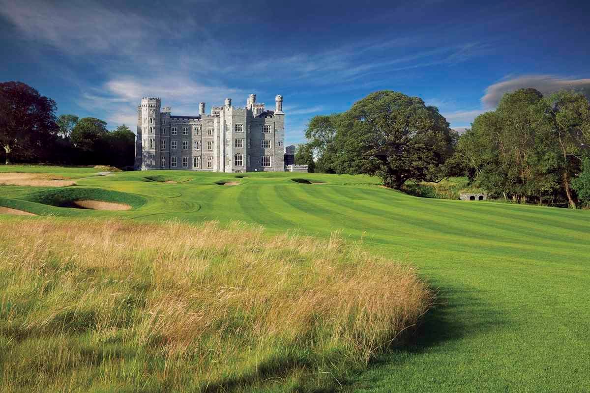 Well-maintained fairways littered bunkers with castle-like clubhouse towering over the course.