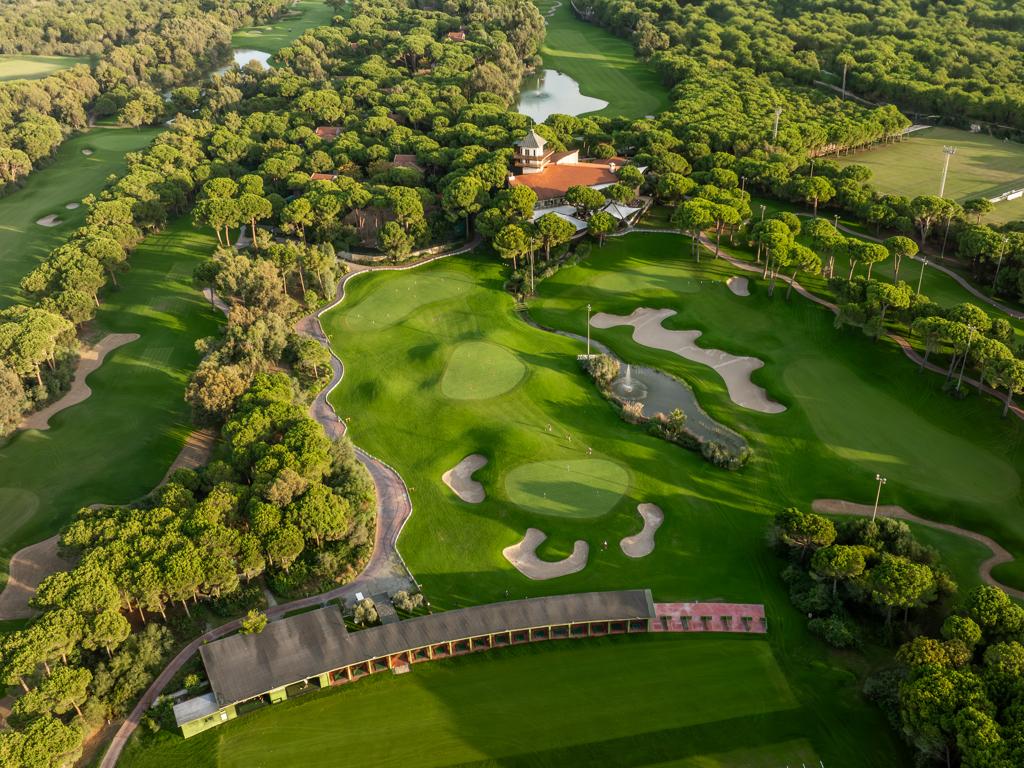 Aerial view of the tree lined fairways at Montgomerie Maxx Royal