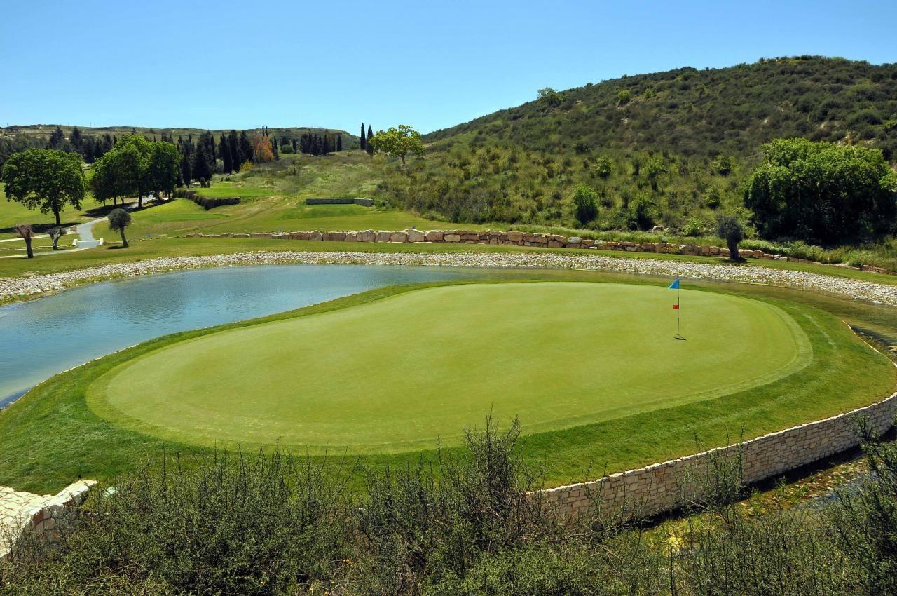 Island green surrounded by water, creating a dramatic challenge for players.