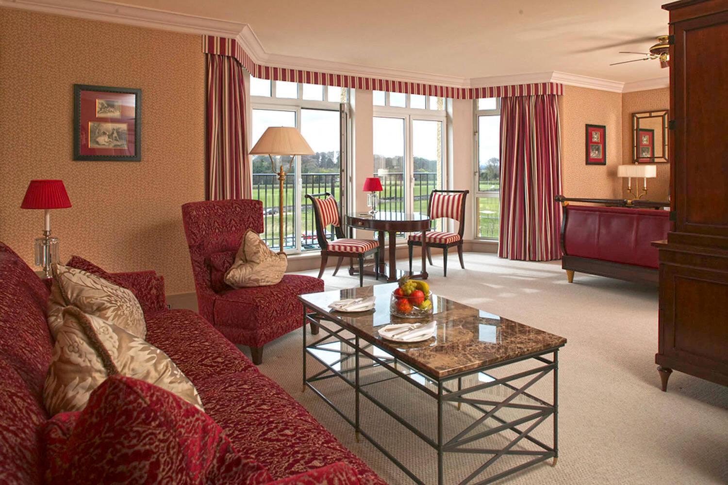 A spacious, elegantly furnished suite with classic décor and views overlooking the fairways.