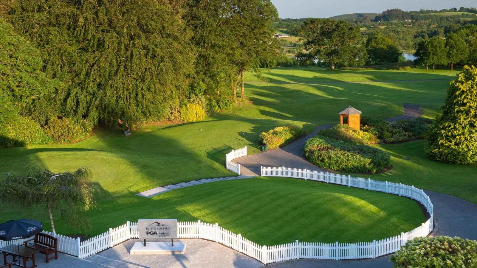 Overhead shot of the entrance to the course with a sign to introduce you to what course you've arrived at