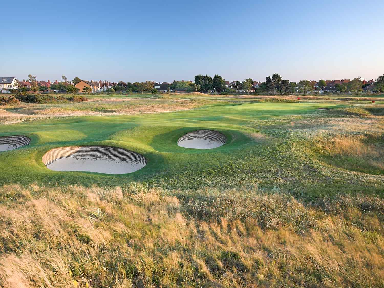 Deep sand bunkers placed strategically around the green at the Royal Lytham & St Anne's Golf Club