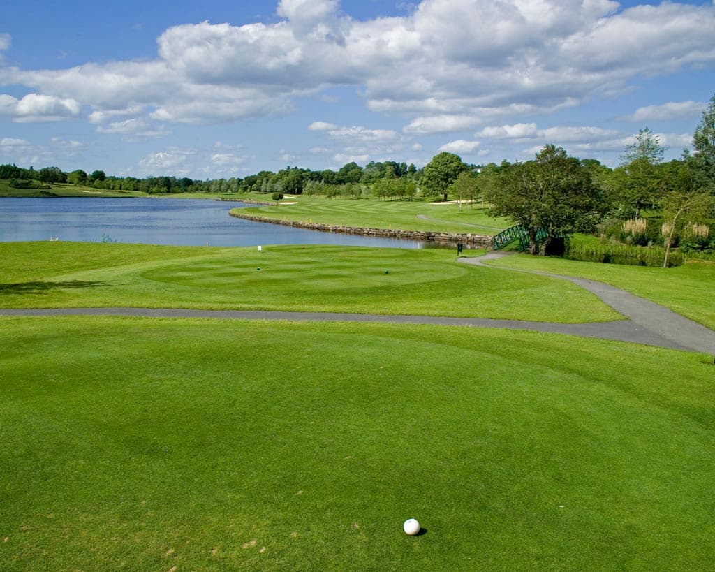 Tee off at the golf course and proceed to the next hole by going over the bridge where you'll see sturdy trees