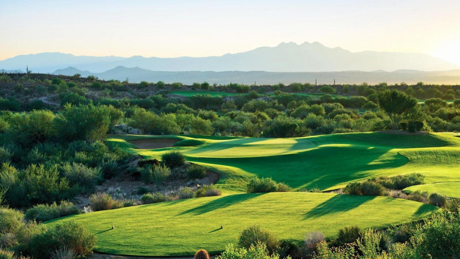 A vibrant green fairway winding through cactus-filled desert terrain.
