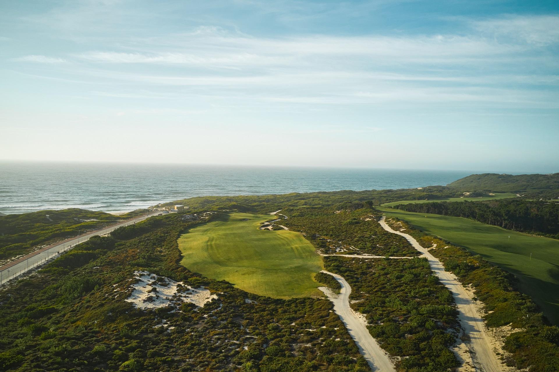 Aerial view of West Cliffs golf Links with thick rough surrounding all holes