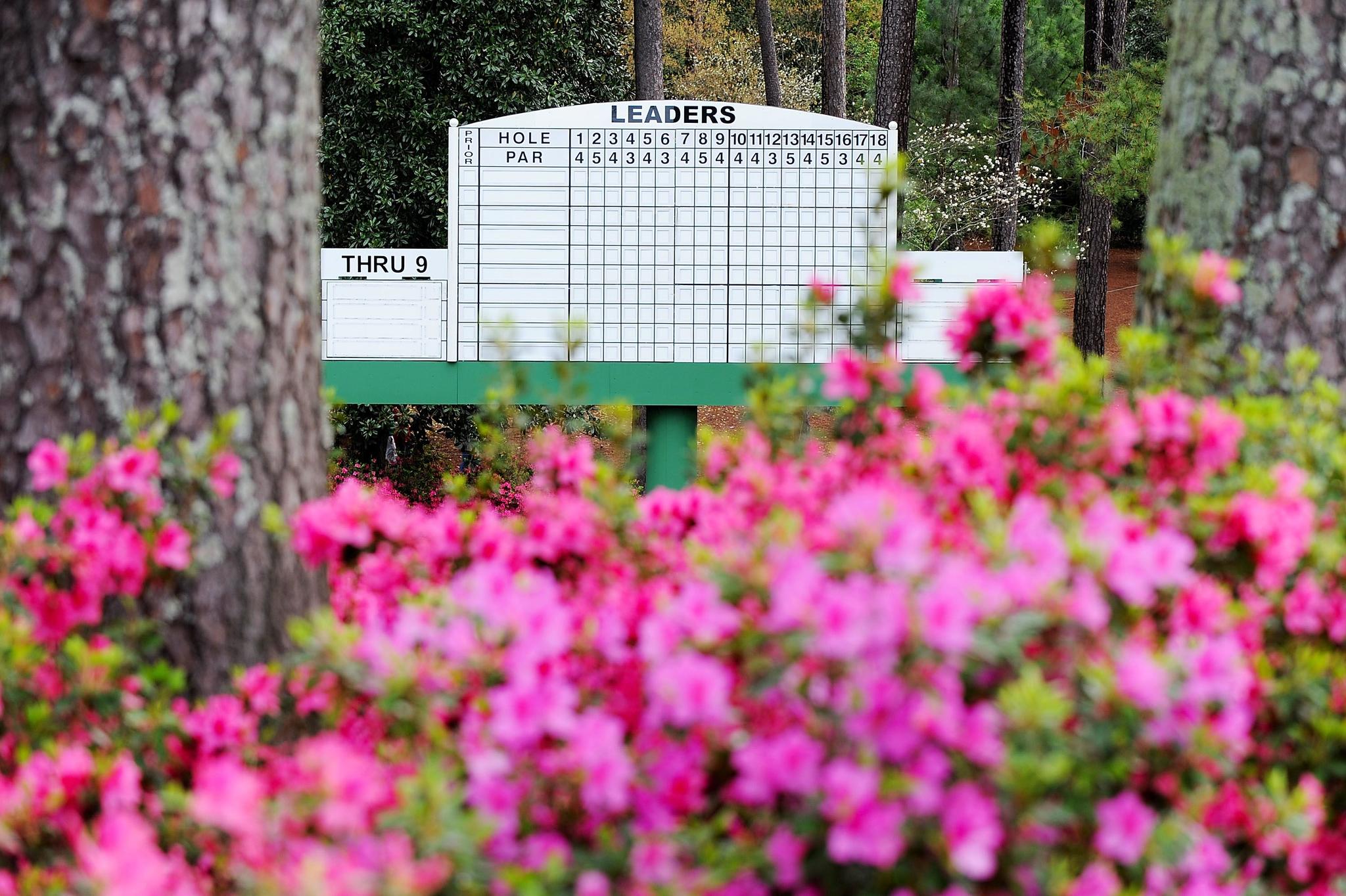 Scoreboard at Augusta National with azaelias in the foreground