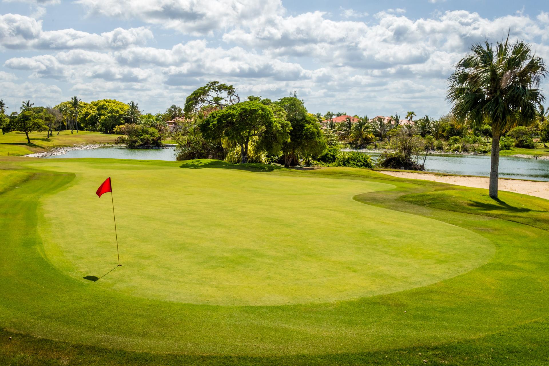 A smooth green with a red flagstick