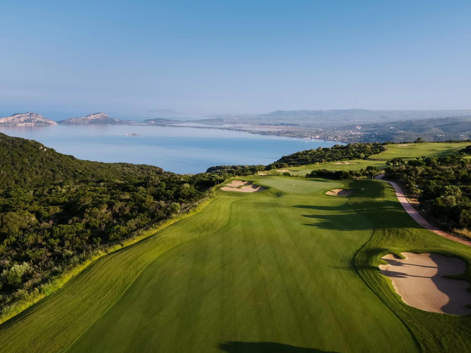 Aerial view of a fairway at Navarino Hills with the sea in the background