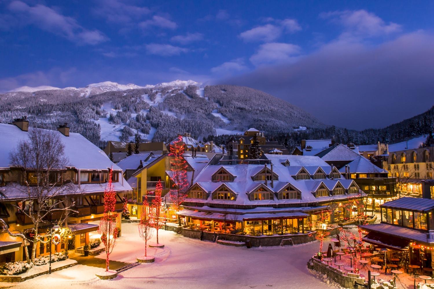 Overhead view of the snow covered buildings at the Whistler resort