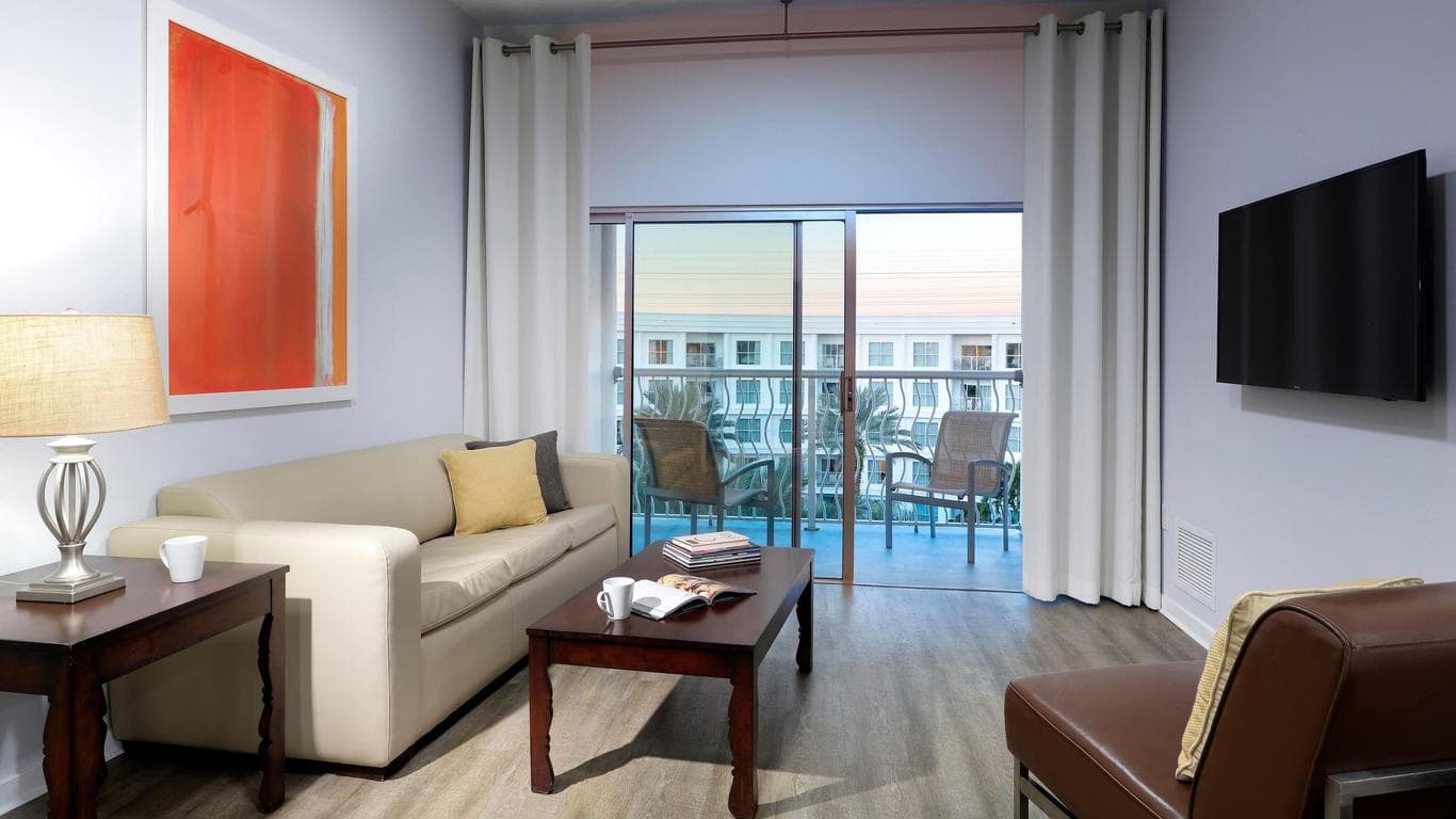 Indoor lounge area with a balcony
