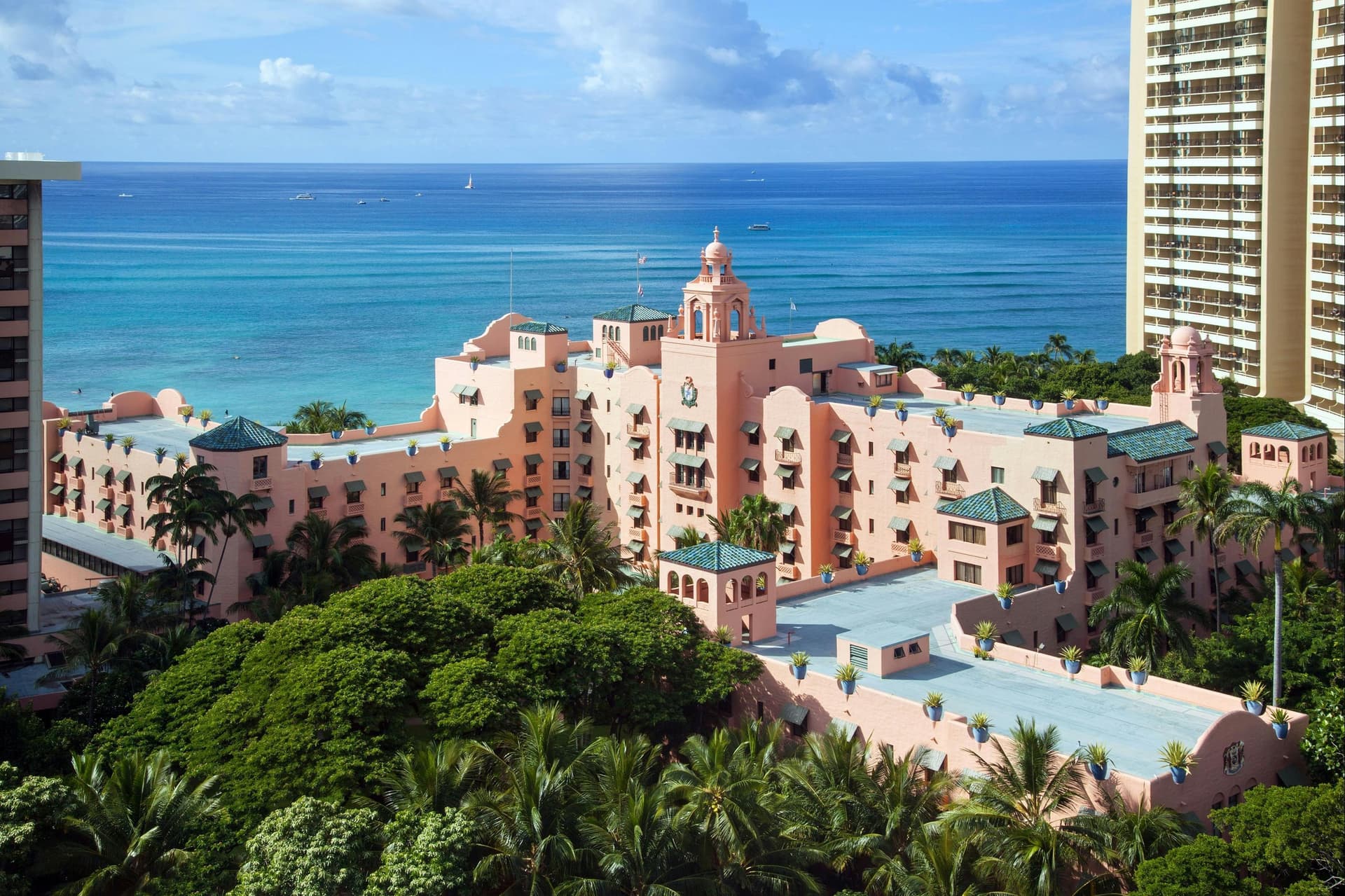 Overhead view of the coastal Royal Hawaiian Hotel