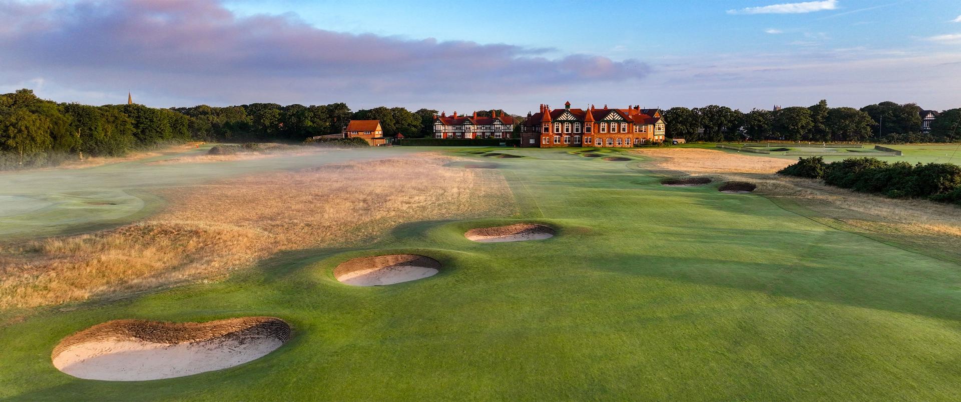 Panoramic view of the Royal Lytham & St Annes Golf Clubhouse overlooking the course