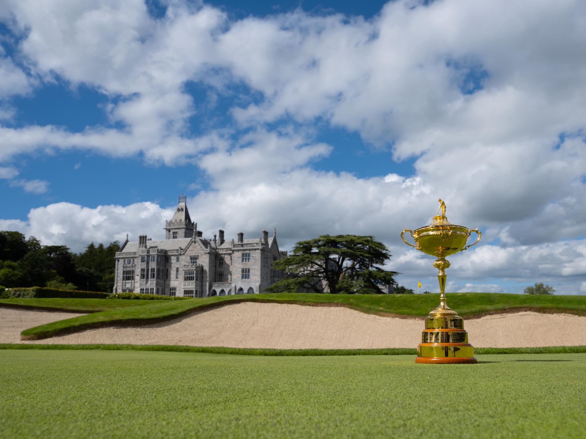 Panoramic view of the Ryder Cup Trophy with the Adare Manor clubhouse in the distance