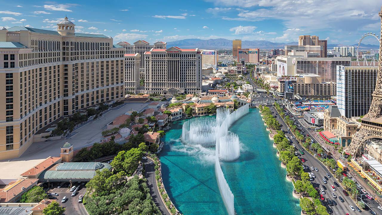 Panoramic view of the Las Vegas Strip featuring the Bellagio fountains.