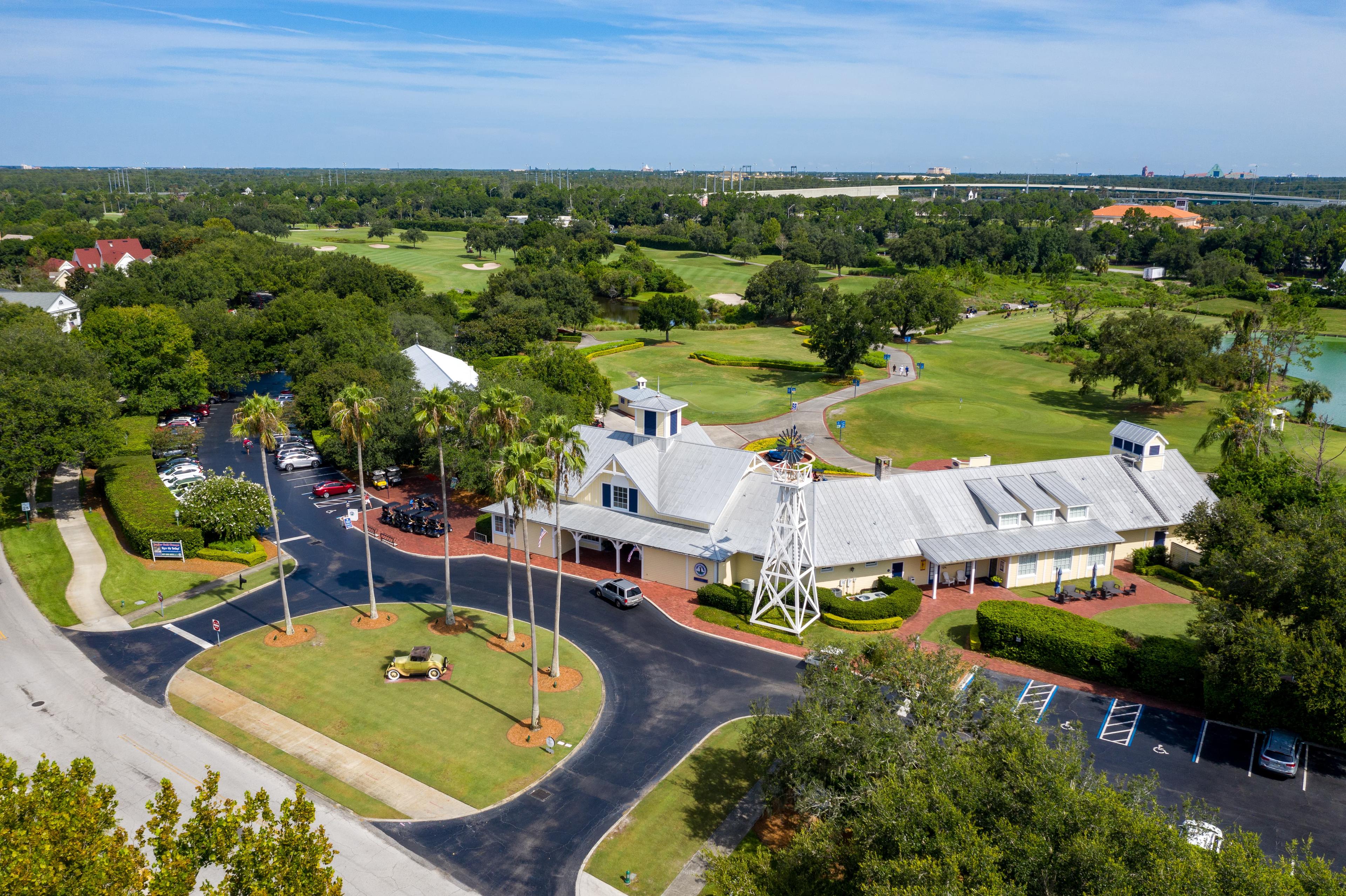 Overhead view of parking availability at the clubhouse which overlooks the course