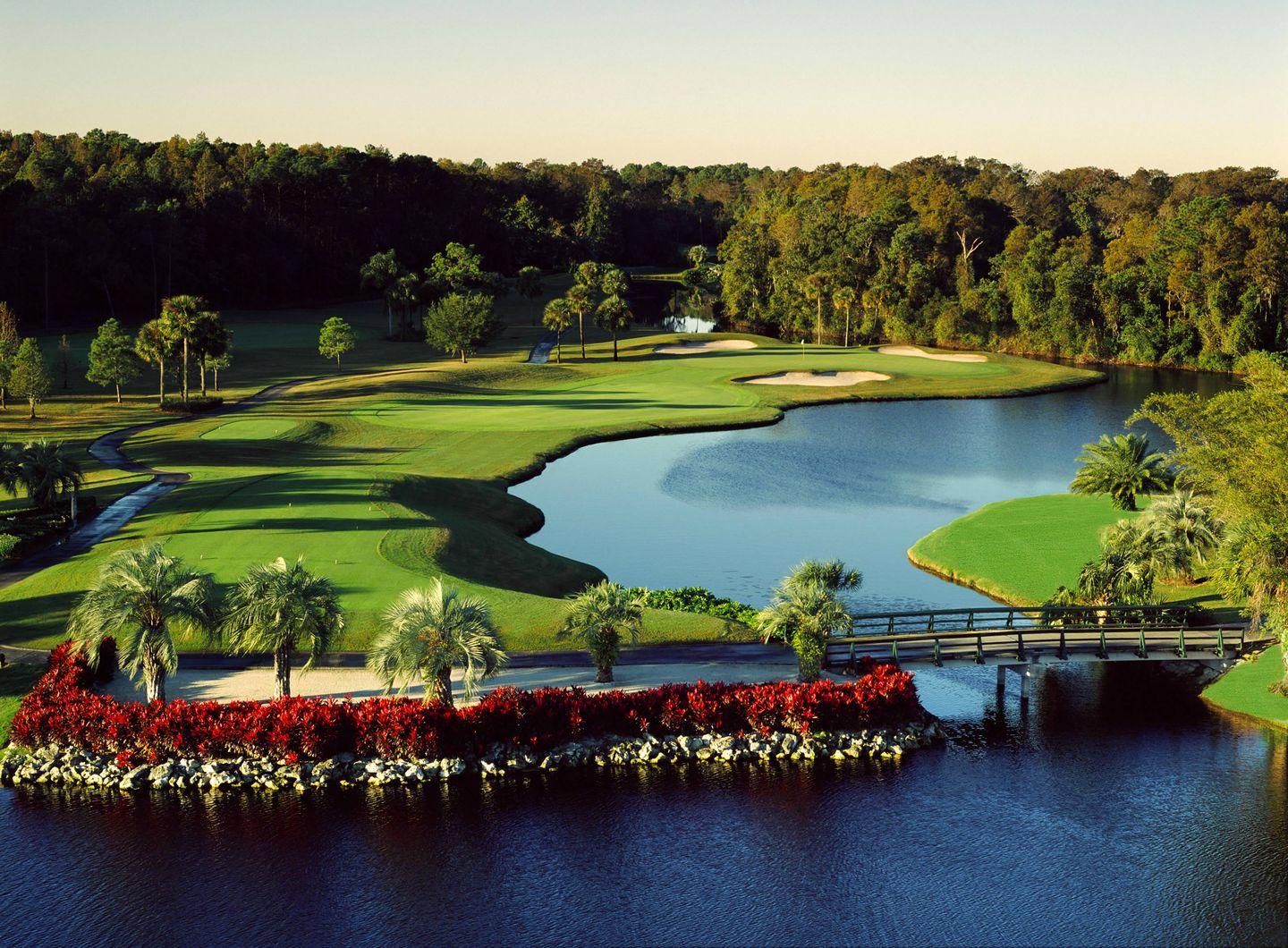 Aerial view of a bridge going over a river at the course to navigate your way around