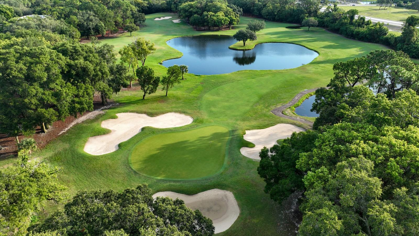 Overhead view of the courses winding fairways sand bunkers and water hazard