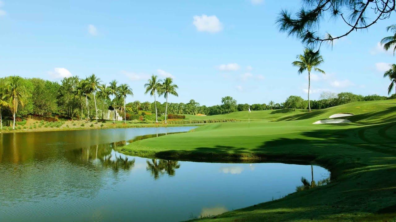 A lush green fairway curves alongside a tranquil waterway lined with tall palm trees.