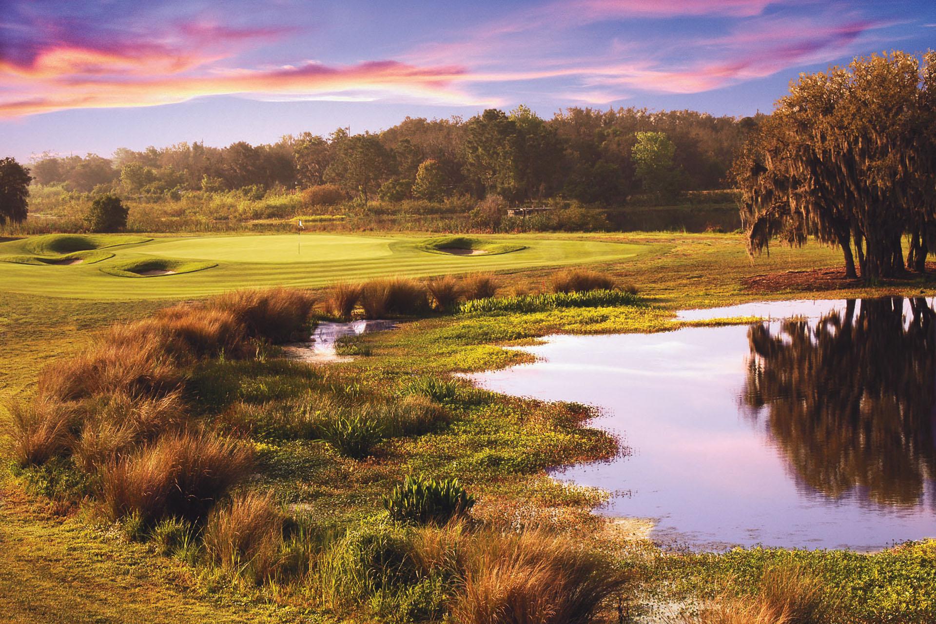 A golf hole is framed by natural marshland with rich greenery and a soft sunset glow.