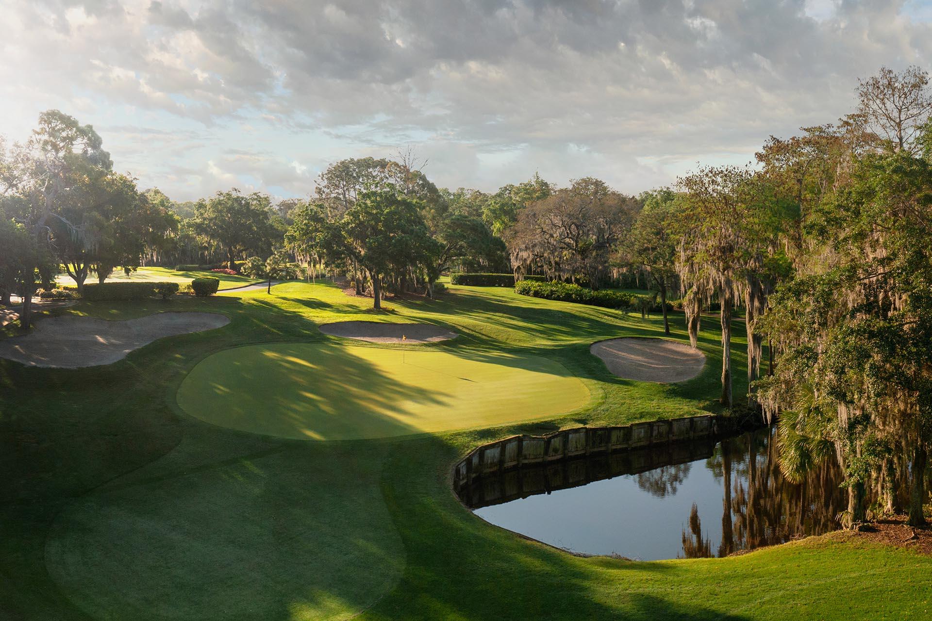 A peaceful green beside reflective water, framed by natural landscaping and shaded by trees.