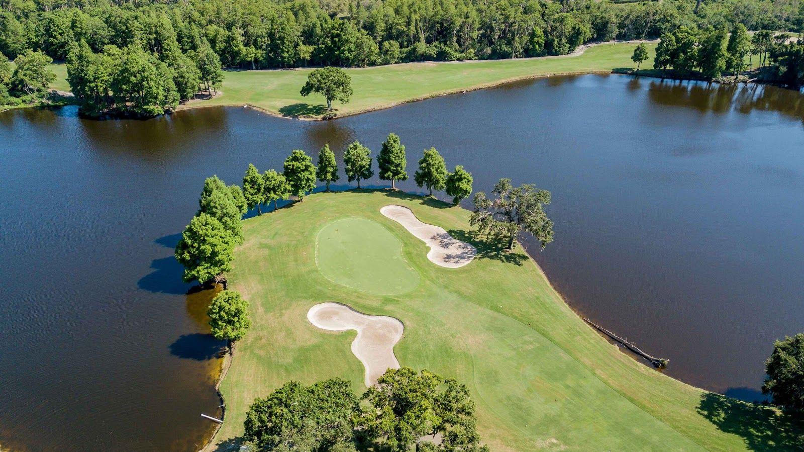 A striking aerial view of a compact island green bordered by a ring of trees and calm blue water.