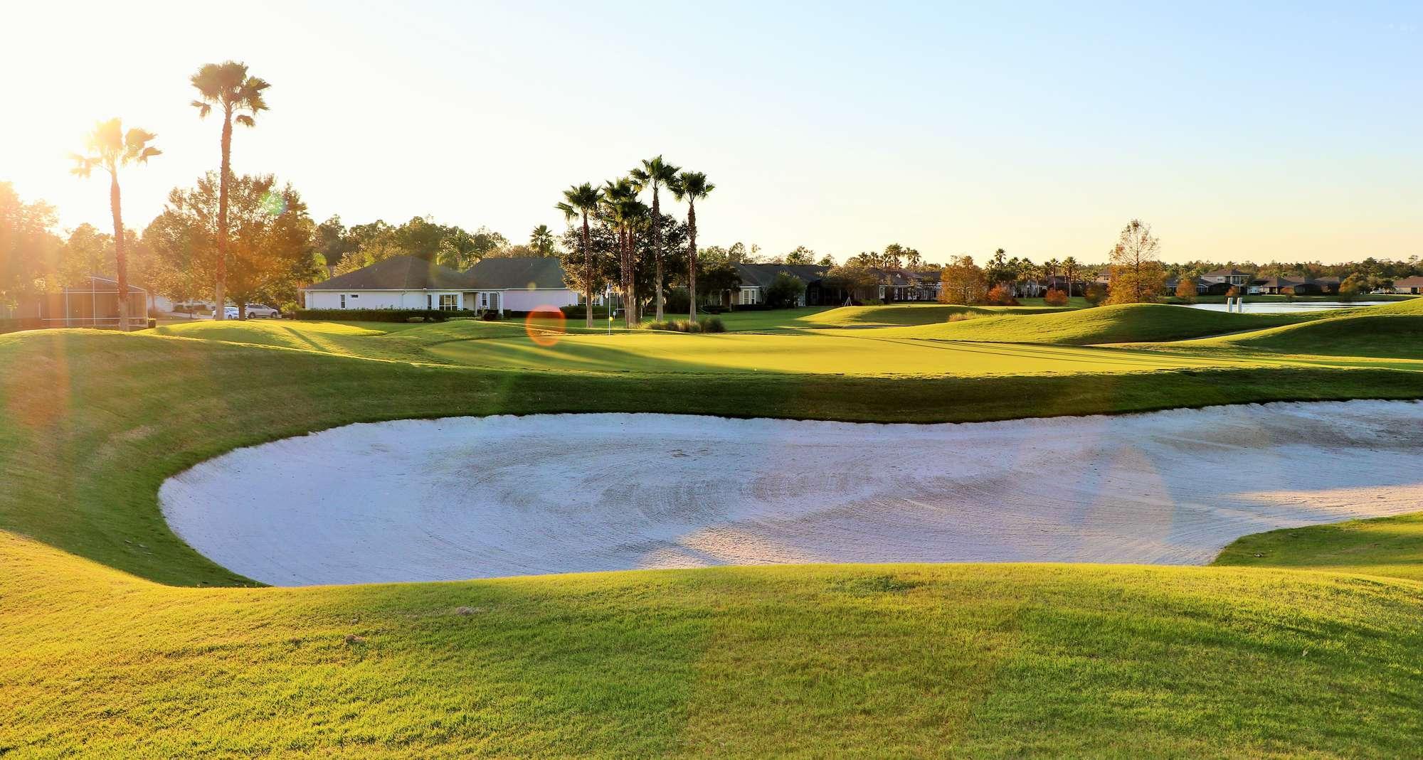 A close-up of a sunlit sand bunker with palm trees and houses in the distance.