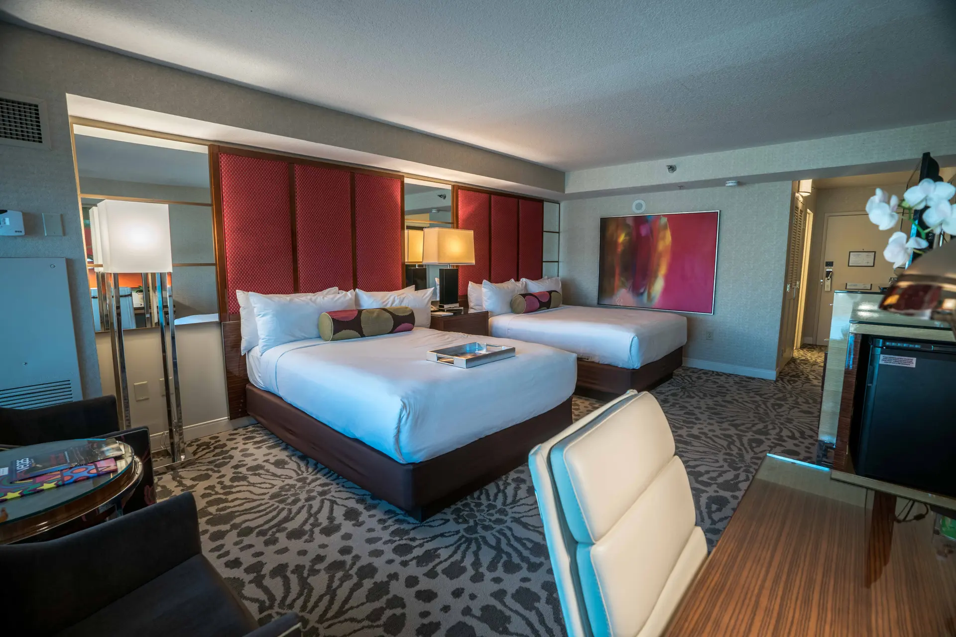 Spacious double twin bed room at the MGM Grand hotel with a bedside table separating the beds
