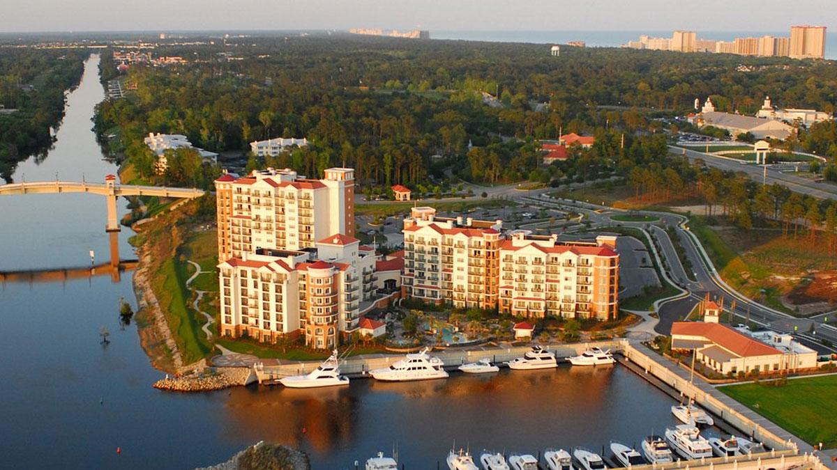 Overhead view of boards docked at the Marina Inn
