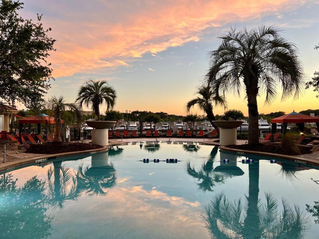 Outdoor swimming pool surrounded by palm trees at sun set