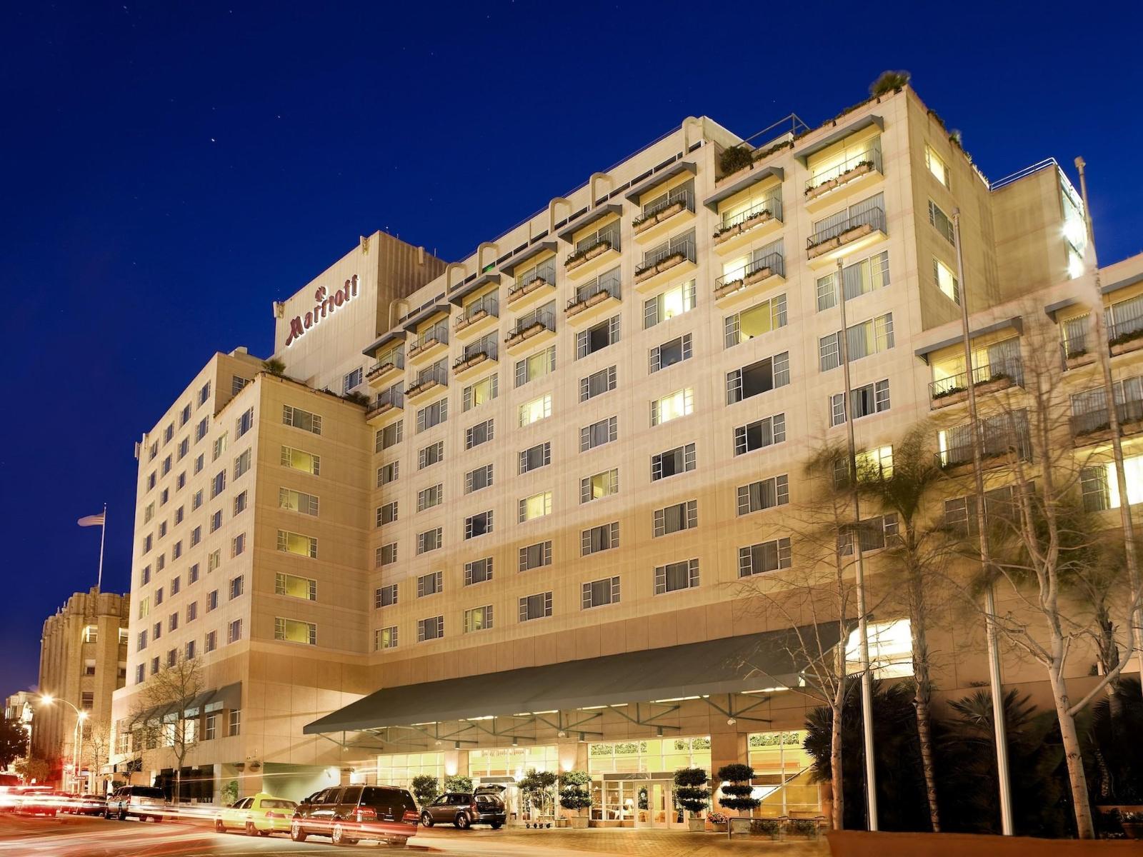 Exterior view of the hotel lit up at night